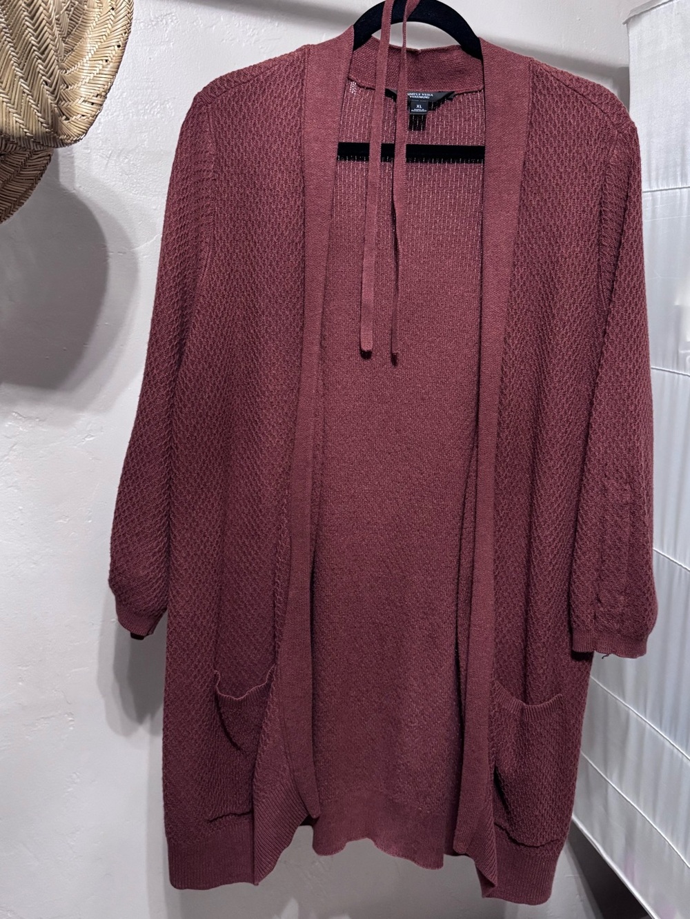Waffle Knit Open-Front Cardigan in Brown